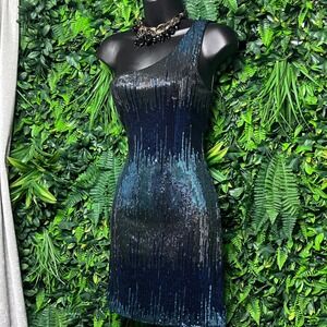 Arden B Dress Medium Blue Ombre Sequin One Shoulder Mini Cocktail Party 3781